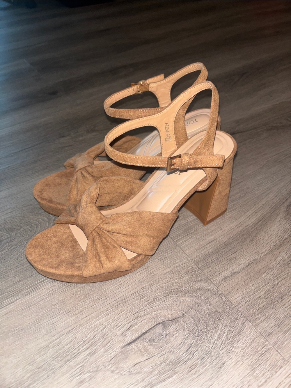 Tan Suede Bow Block Heel Sandals